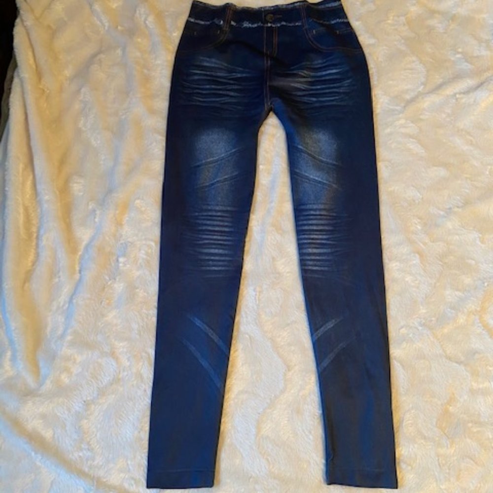 Cherokee Girls Faux Jean Look Leggings Blue Size Large L Stretch Jeggings
